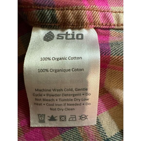 STIO Womens Plaid Long Sleeve Organic Cotton Flannel Button-up Shirt Pink Tan XL - Picture 6 of 6